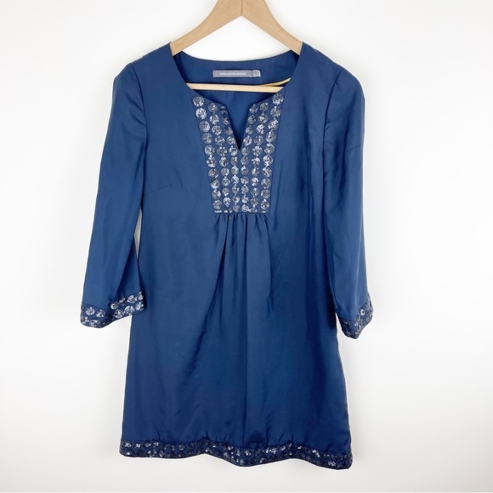 Boden Limited Edition Navy 100% Silk Sequin Mini Shift Dress Size 4